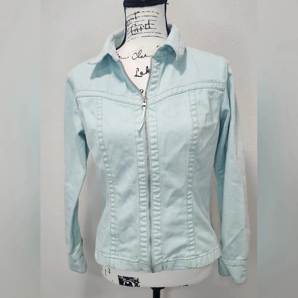 CABI Denim Collared Jean Jacket Aqua Blue Zip front Size Small